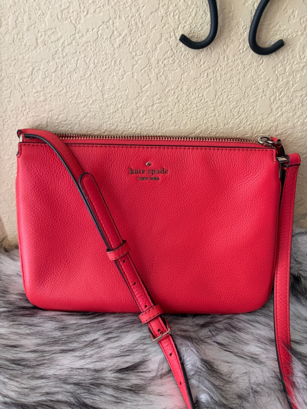kate spade Coral-Red Pebbled Leather triple gusset Crossbody